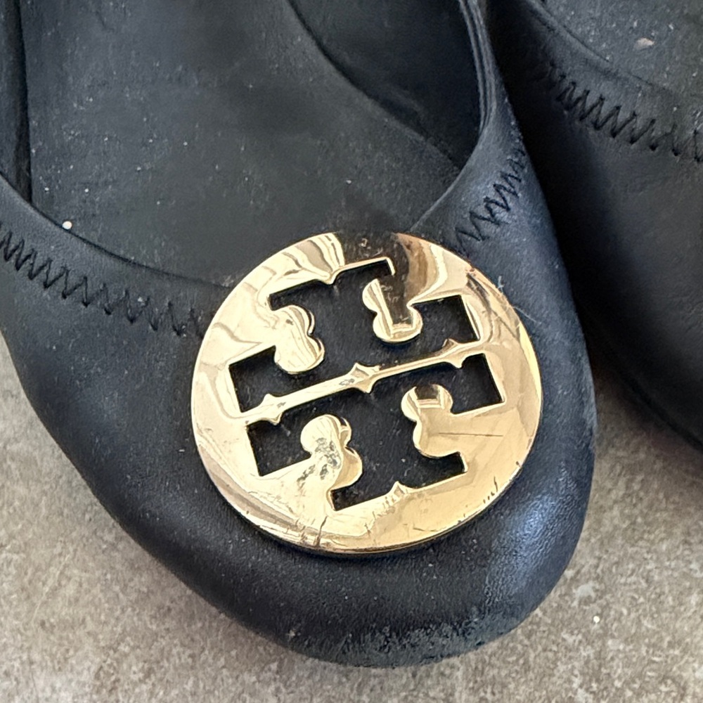 Tory Burch Black Leather Ballet Flats with Gold Logo Medallions - Picture 2 of 5
